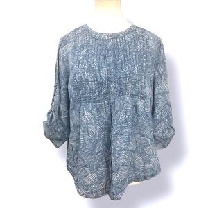 Intro  Festival Boho Button Down Top Roll Tab Sleeve Blue Print Blouse Petite M